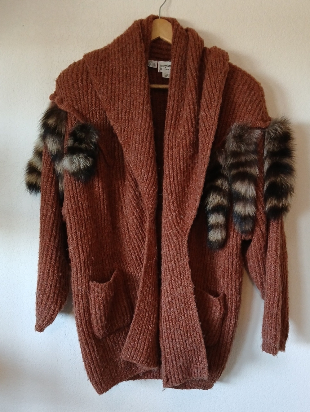 Vintage Tony Lambert Wool Cacoon Sweater Cardigan Ornamented With Raccoon Tails